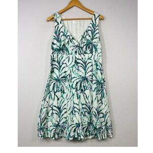 Tropical Boho Soho Chick Womens XL White Green Palm Print Metallic Cotton‎ Dress